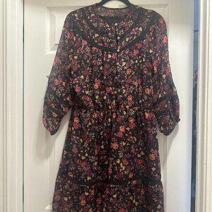 Loft Black Floral Dress with Lace Trim Size Medium